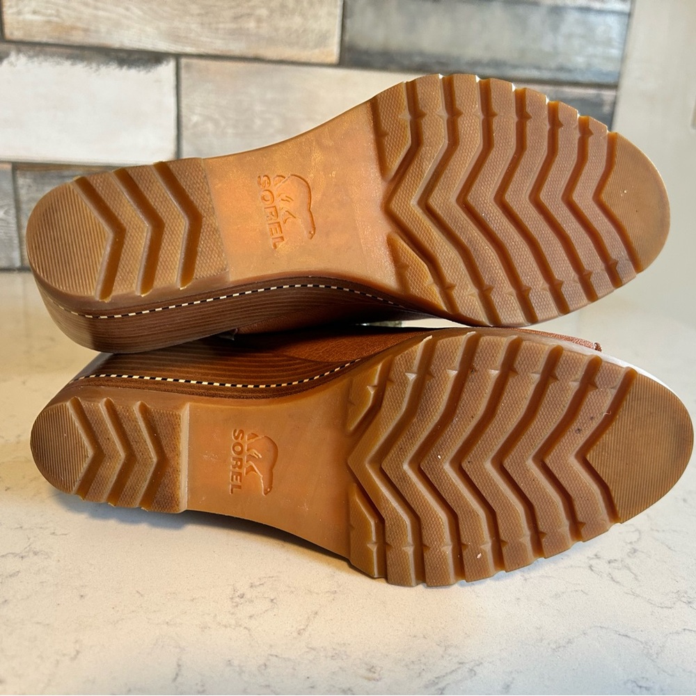 Sorel Nadia Camel Brown Leather Slingbacks Wedge Heeled Sandals - Picture 14 of 14